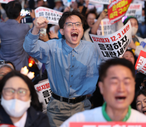 출구조사 결과 공개에 기뻐하는 시민들